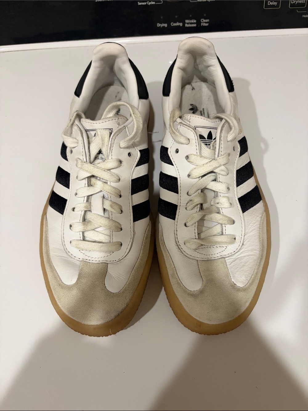adidas White Sneakers with Black Stripes and Gum Sole